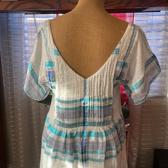 Free People Barcelona Plaid Shimmer Mini Dress Ivory Metallic Stripes Boho - Picture 9 of 11